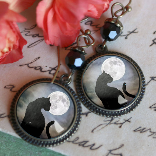 Black Cat and Full Moon Goth Halloween Earrings