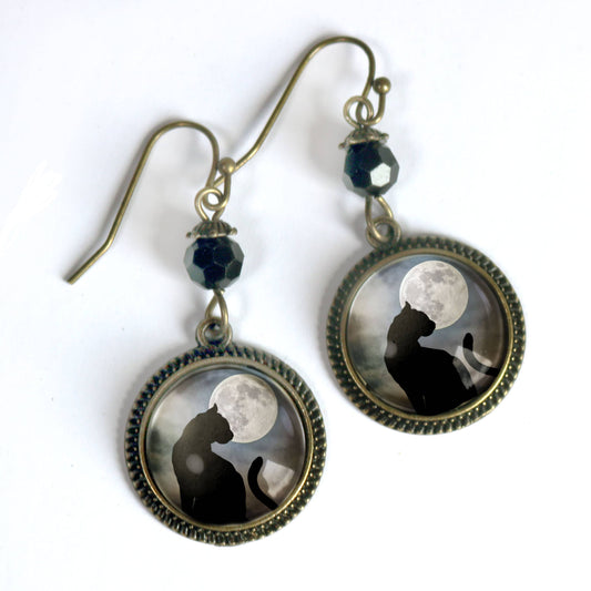 Black Cat and Full Moon Goth Halloween Earrings