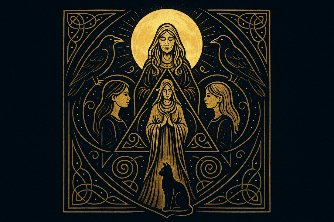 Center the grandmother and add two ravens and a black cat