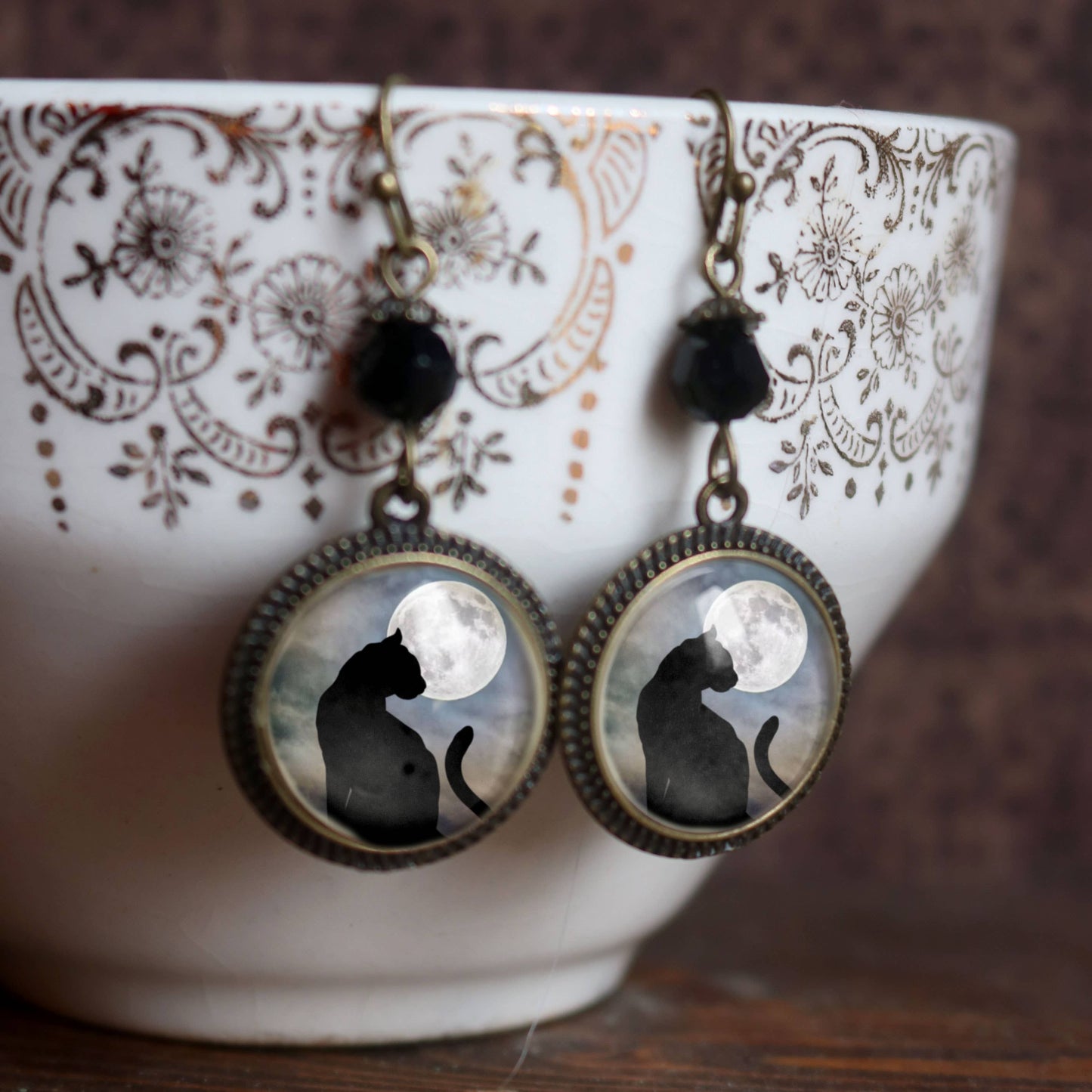 Black Cat and Full Moon Goth Halloween Earrings